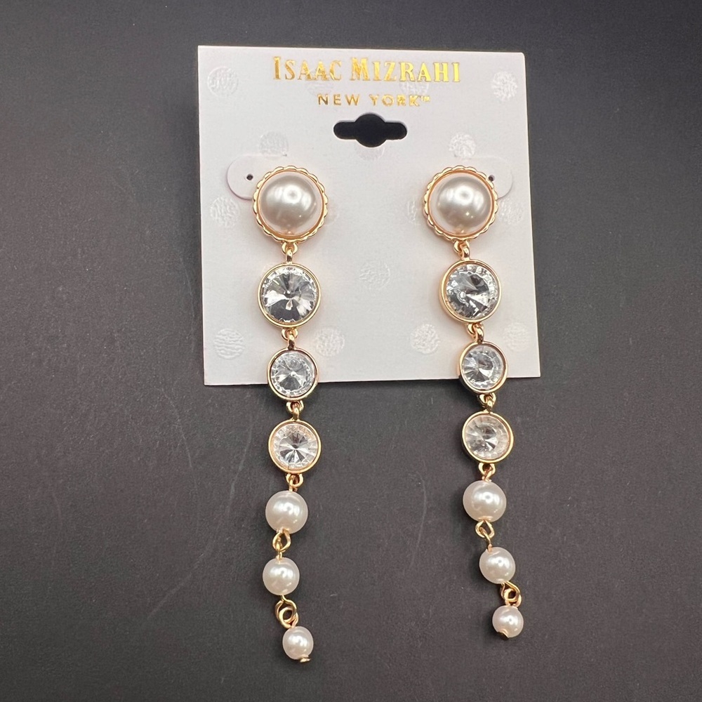 Isaac Mizrahi New York faux Pearl & Crystal Long Dangle Earrings - Picture 3 of 5